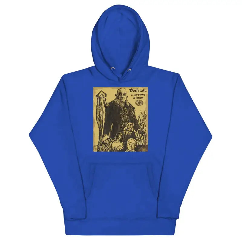 Royal blue Nosferatu hoodie featuring soft and comfortable vintage Halloween art design