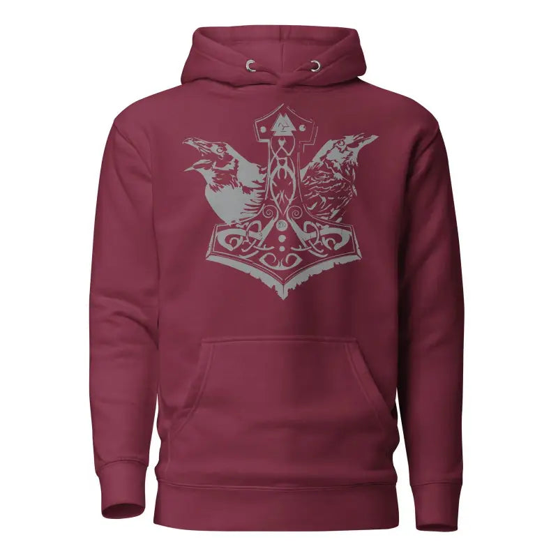 Burgundy Cozy Warrior Hoodie featuring Norse Thor’s hammer and ravens design in gray