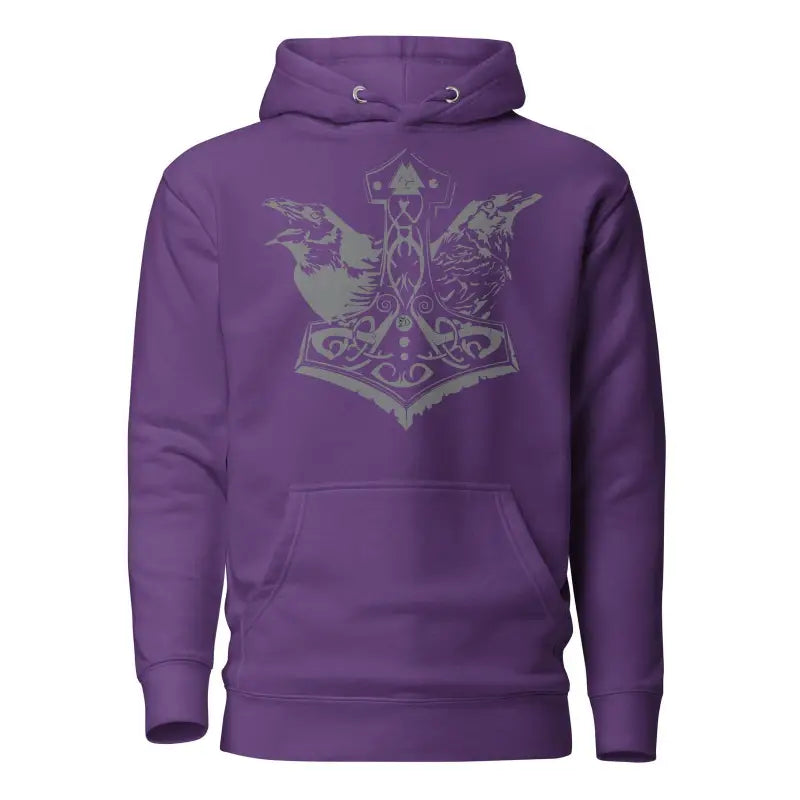 Purple cozy warrior hoodie featuring a gray Norse-style Thor’s hammer design