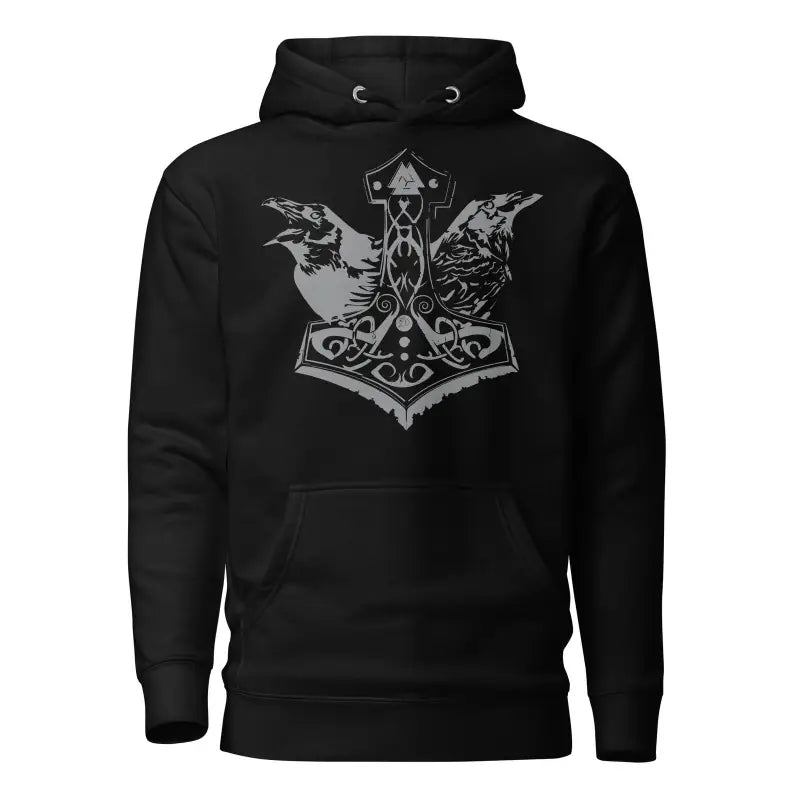 Black cozy warrior hoodie featuring Norse design with ravens and Mjolnir for Vikings