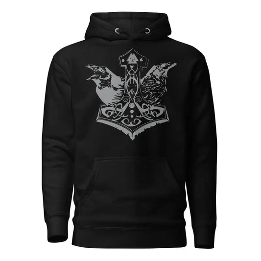 Cozy Warrior Hoodie featuring Norse design with ravens and Thor’s hammer Mjolnir