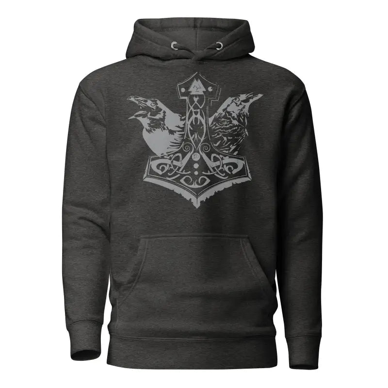 Dark gray Cozy Warrior Hoodie featuring Norse Thor’s hammer Mjolnir and Celtic knotwork