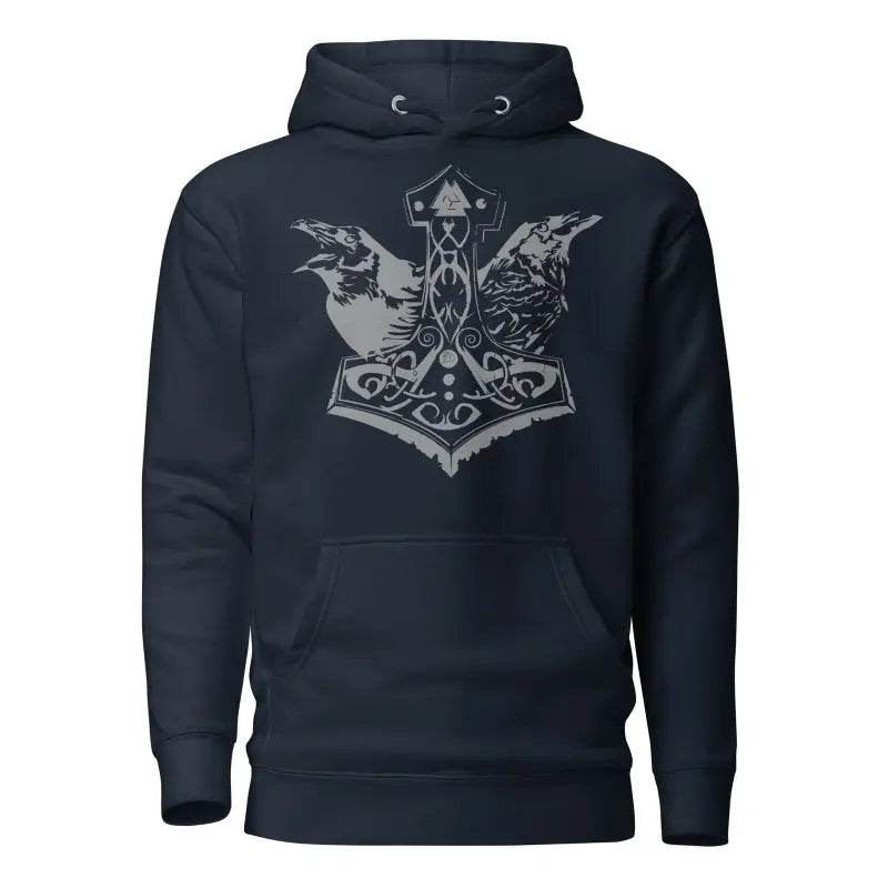 Black cozy warrior hoodie featuring Norse-style Thor’s hammer and ravens design