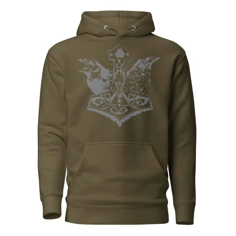 Olive green cozy warrior hoodie featuring Norse-style Thor’s hammer and ravens design