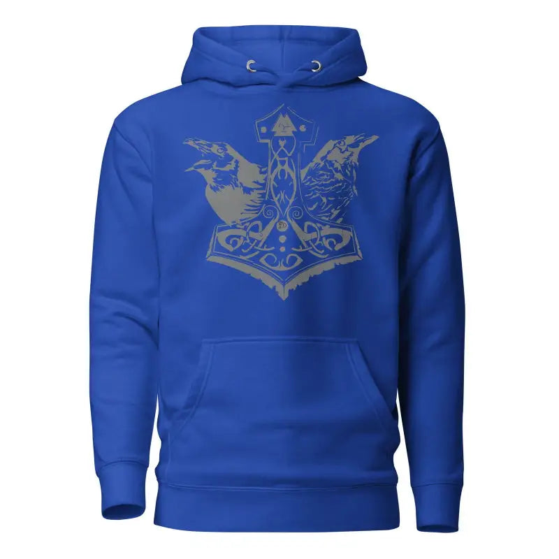 Royal blue cozy warrior hoodie featuring gray Norse Thor’s hammer and dragon design