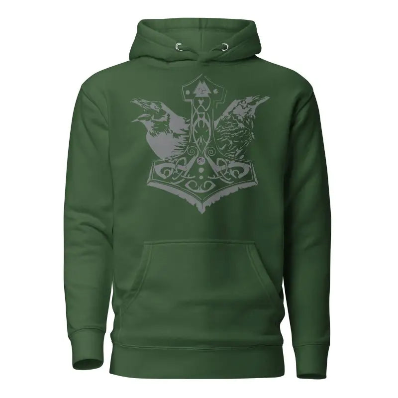 Forest green Viking unisex cotton-blend hoodie with Norse mythology Thor’s hammer design