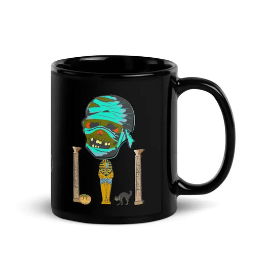 Black glossy mug with Egyptian-themed mummy design in turquoise and gold accents