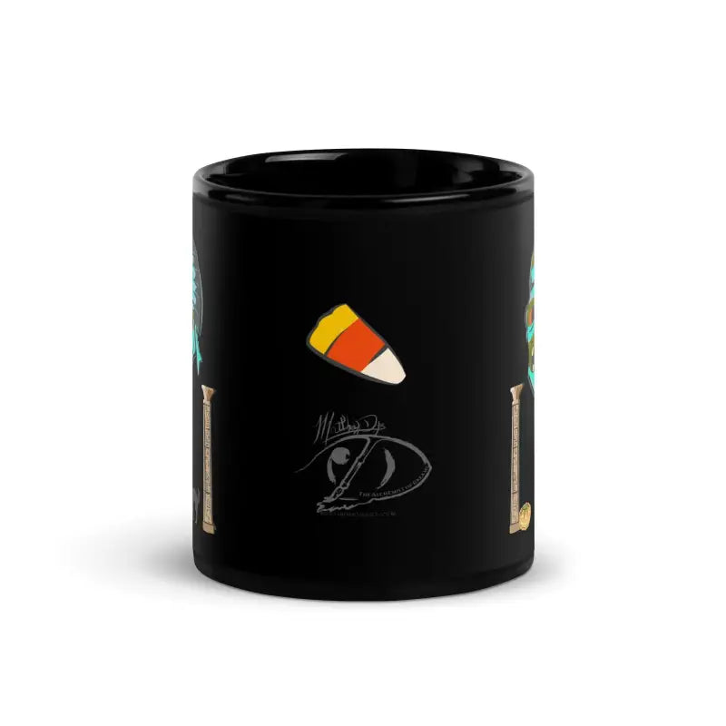 Black ceramic glossy mug adorned with a candy corn design from Enigmatic Sips