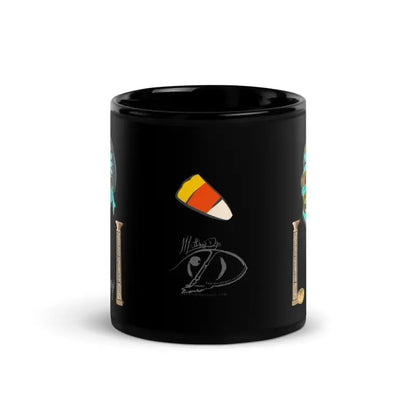 Black ceramic glossy mug adorned with a candy corn design from Enigmatic Sips