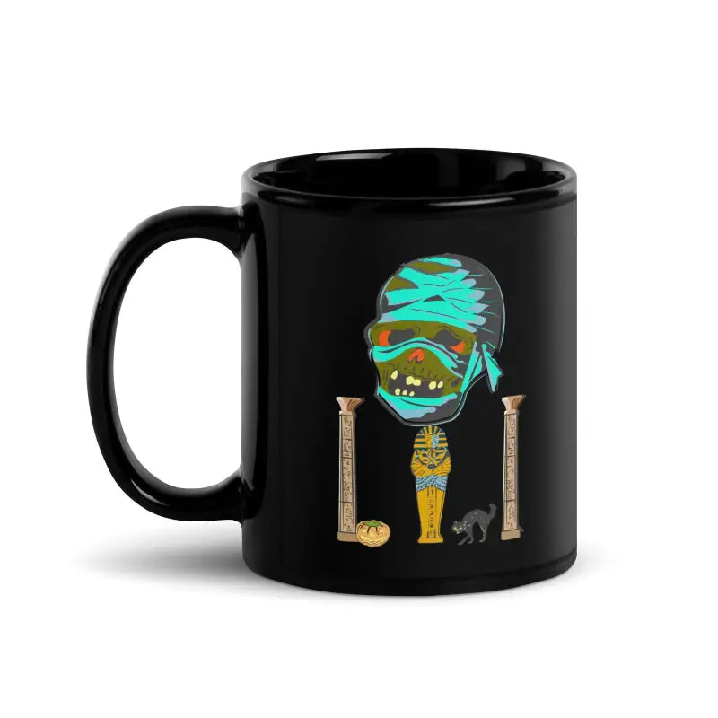 Black glossy mug with Egyptian mummy design and hieroglyphic decorations