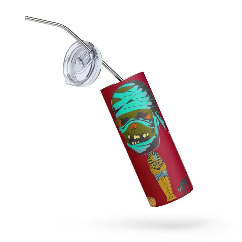 Red energy drink can featuring Matthew Dye art in Mummy Stainless Steel design