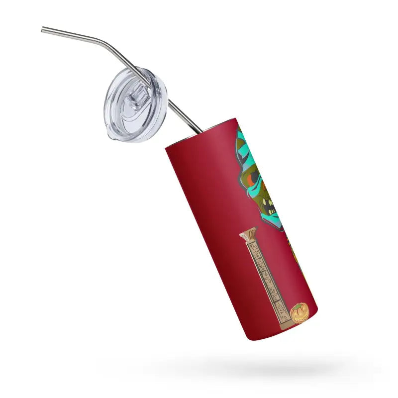 Red insulated Mummy Stainless Steel Tumbler with straw lid and decorative design