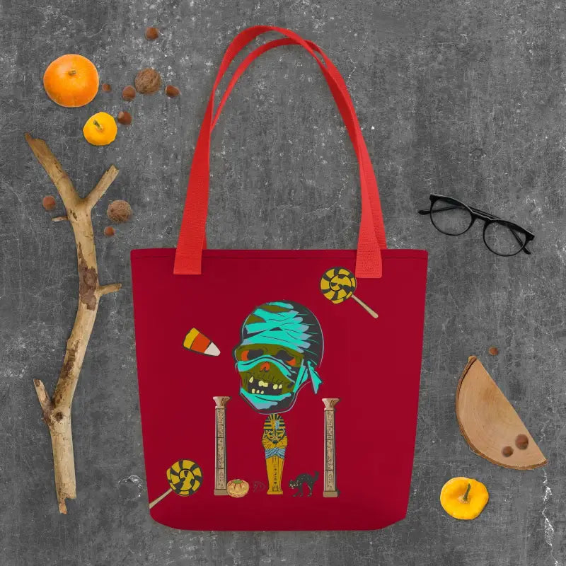 Red reusable trick or treat tote bag with quirky Halloween mummy monster design