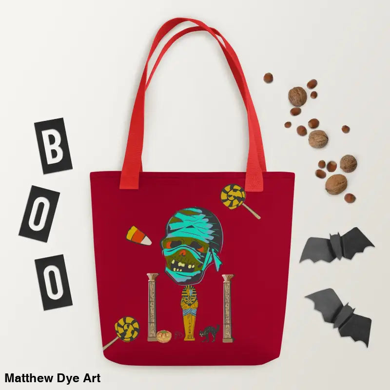 Red Halloween-themed CURSE OF THE PHARAOH Mummy reusable trick or treat tote bag