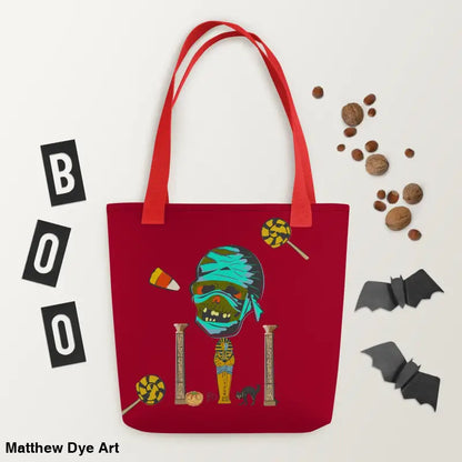 Red Halloween-themed CURSE OF THE PHARAOH Mummy reusable trick or treat tote bag