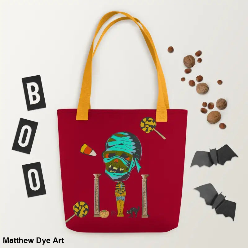 Red Halloween-themed reusable trick or treat tote bag featuring a Mummy design