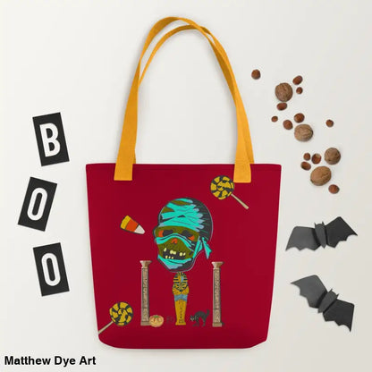 Red Halloween-themed reusable trick or treat tote bag featuring a Mummy design