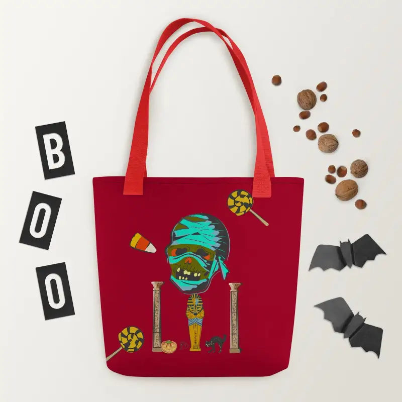 Red reusable trick or treat tote bag featuring a Halloween mummy character design