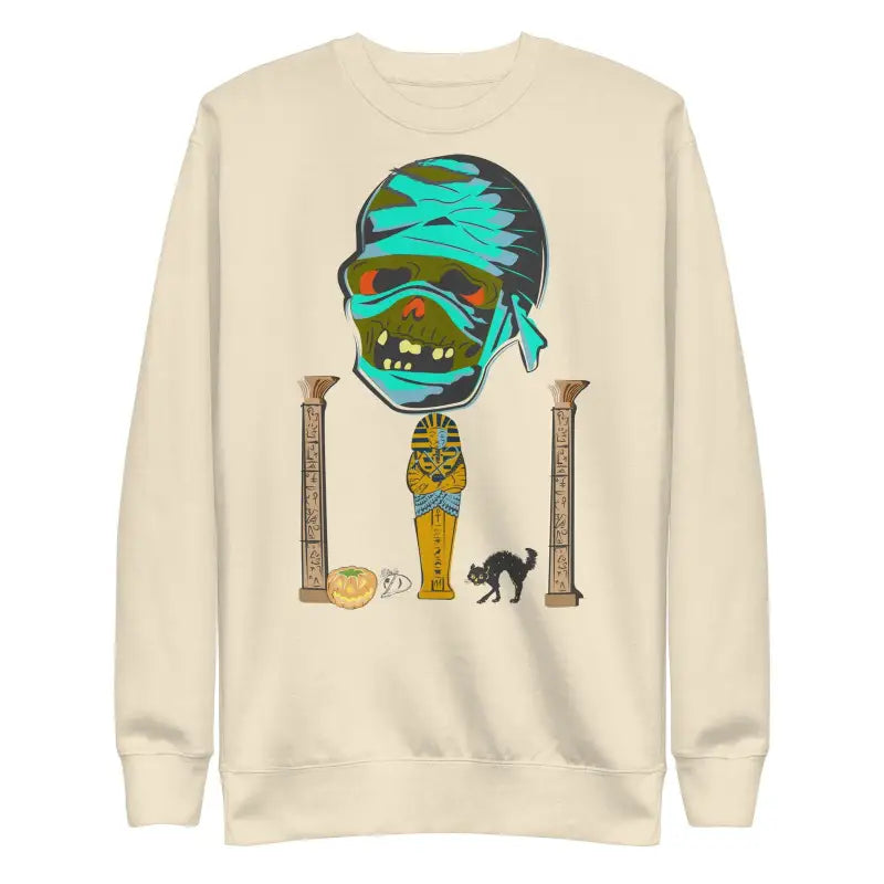 Cream-colored unisex mummy sweatshirt with ancient Egyptian design motifs