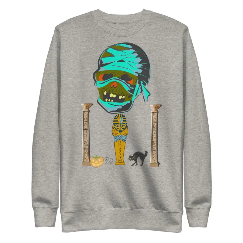 Grey Unisex Mummy Sweatshirt showcasing ancient Egyptian design, featuring a mummy head