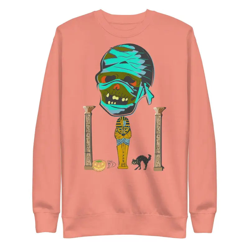 Peach unisex mummy sweatshirt with Egyptian theme, featuring a cartoon mummy and black cat