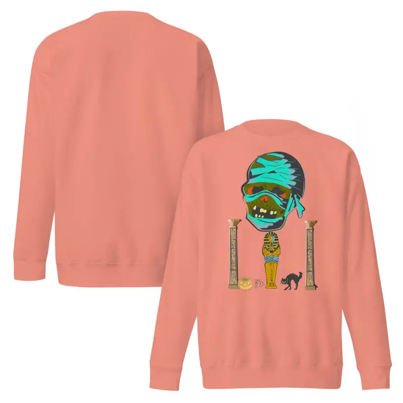 Salmon-colored unisex mummy sweatshirt featuring an enchanting curse graphic design