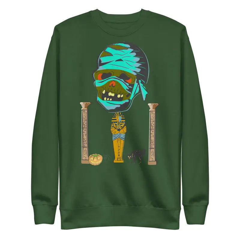 Forest green unisex mummy sweatshirt with Egyptian-themed design and turquoise accents