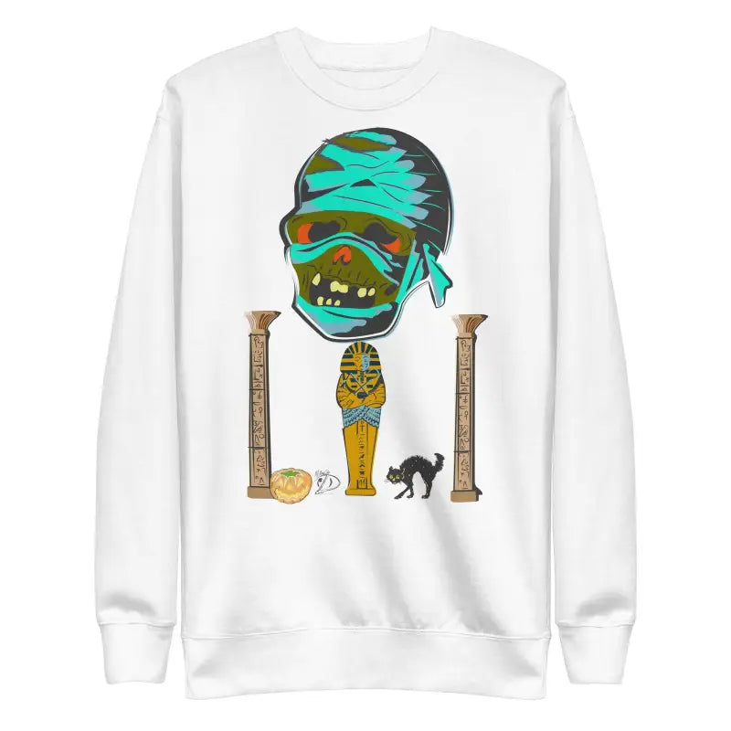 Unisex Mummy Sweatshirt featuring an Egyptian mummy design with a decorative black cat