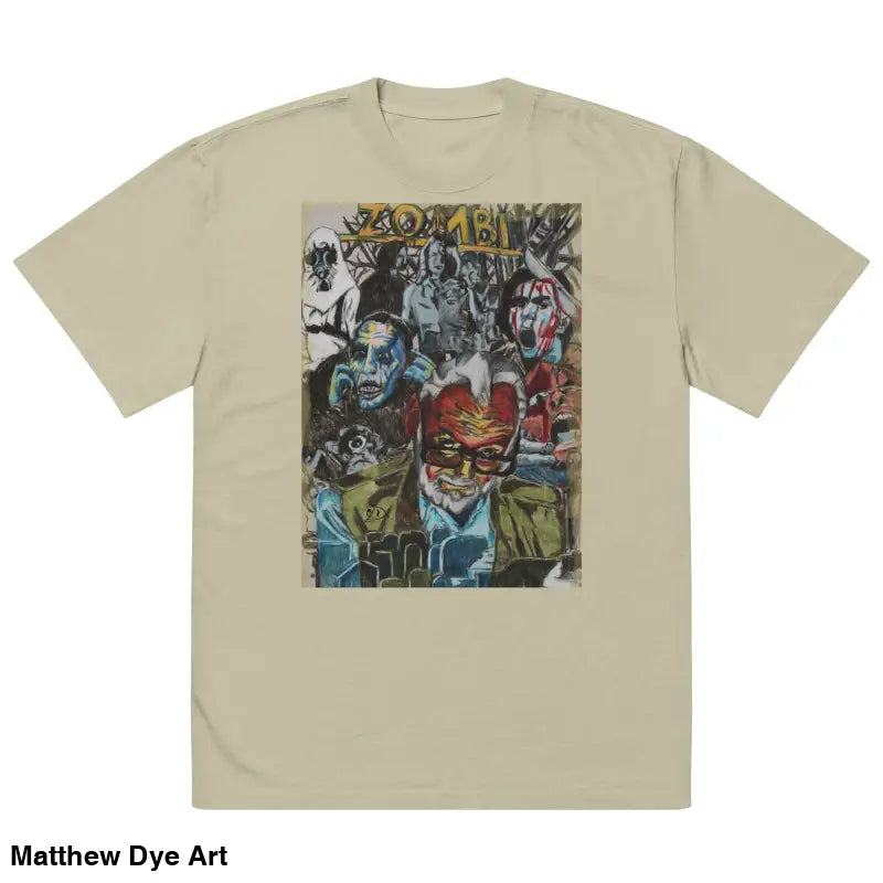 Beige oversized faded t-shirt featuring a zombie graphic for horror nostalgia lovers
