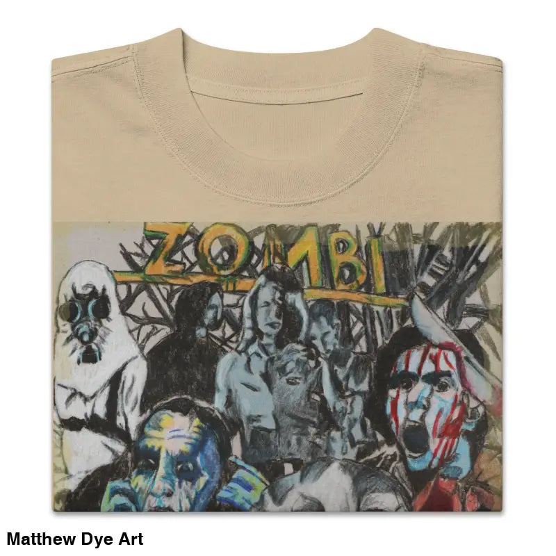 Beige oversized faded t-shirt featuring a zombie graphic, celebrating horror nostalgia