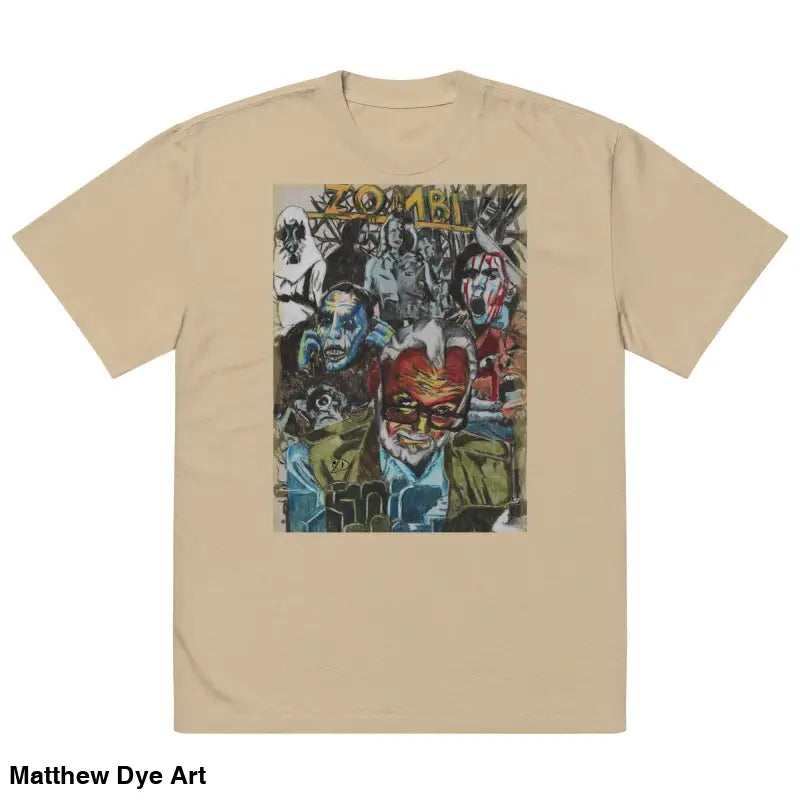Beige oversized faded t-shirt featuring a zombie graphic for horror nostalgia fans