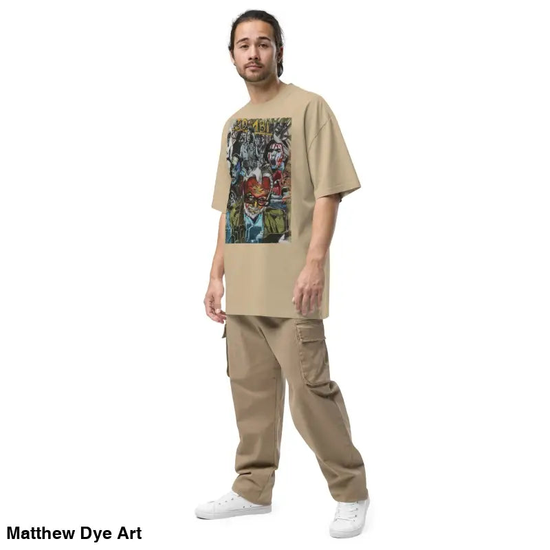 Beige oversized faded t-shirt featuring graphic for zombie cinema horror nostalgia