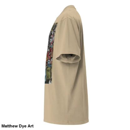 Beige oversized faded t-shirt featuring colorful graphic inspired by horror nostalgia