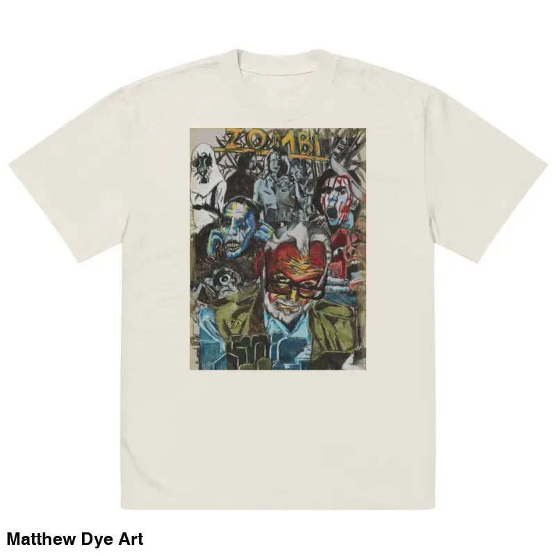 Off-white oversized faded t-shirt featuring a zombie graphic for horror nostalgia