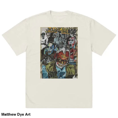 Off-white oversized faded t-shirt featuring a zombie graphic for horror nostalgia