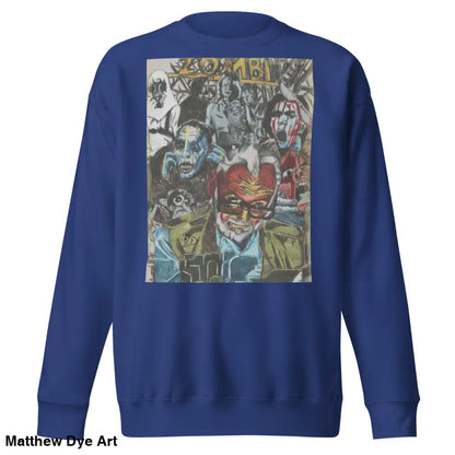 Blue cotton sweatshirt featuring a zombie collage, inspired by Romero’s unique style