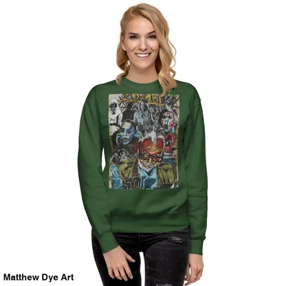 Green cotton sweatshirt featuring a zombie graphic, a unique Romero tribute design