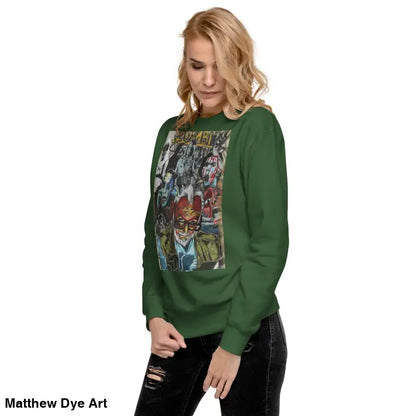 Green cotton sweatshirt featuring a comic book graphic for Romero fans