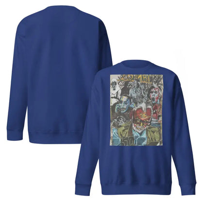 Blue cotton sweatshirt featuring a unique Romero zombie collage design