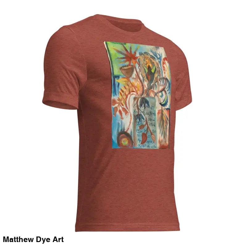 Rust-colored Voynich oil painting unisex tri-blend tee with abstract art