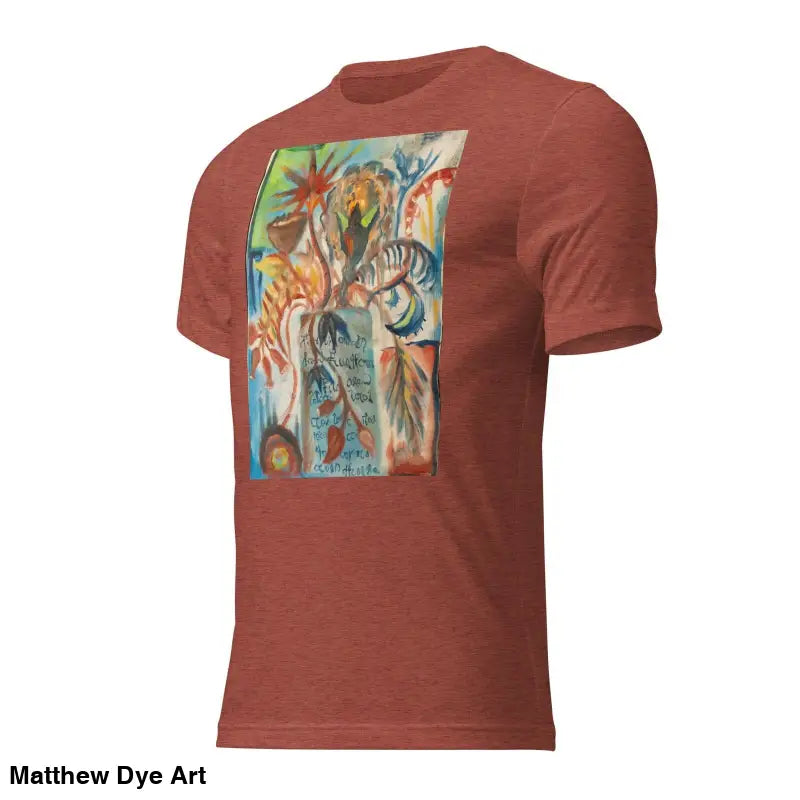 Rust-colored Voynich oil painting unisex t-shirt with tropical floral design