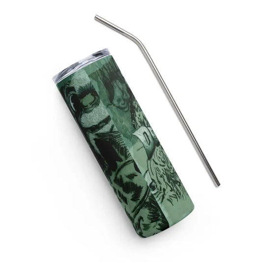 Green patterned stainless steel tumbler with metal straw from Dementia 13’s haunting legacy