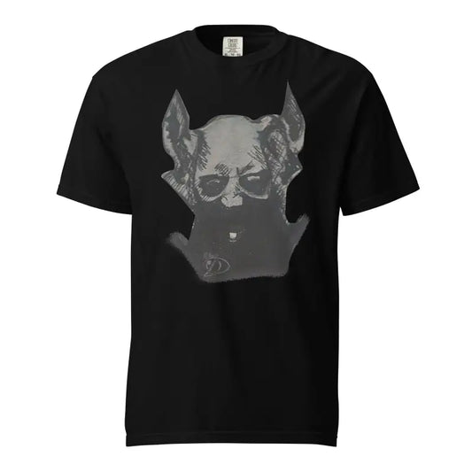 Black unisex garment-dyed heavyweight tee featuring grey horned creature art design