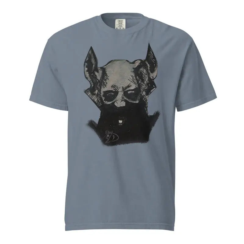 Grey unisex garment-dyed heavyweight tee featuring a devil-horned graphic design art