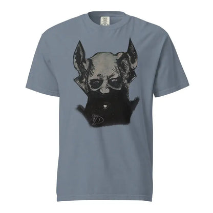 Grey unisex garment-dyed heavyweight tee featuring a devil-horned graphic design art