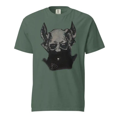 Unisex garment-dyed heavyweight green t-shirt with black and gray dog head art design