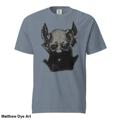 Grey unisex garment-dyed heavyweight tee featuring a devil-horned graphic design art