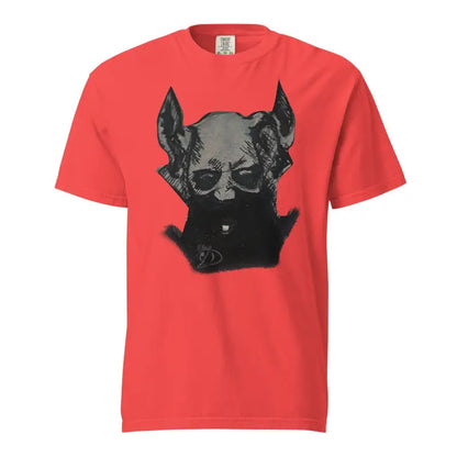 Red unisex garment-dyed heavyweight tee featuring dark horned creature graphic art