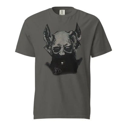 Grey unisex garment-dyed heavyweight tee featuring black and white dog face art design