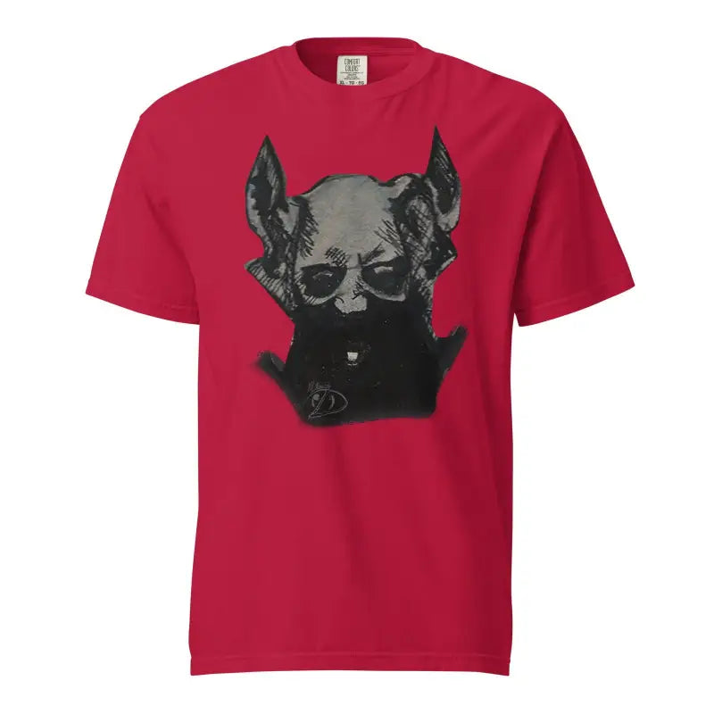 Red unisex garment-dyed heavyweight t-shirt featuring dark horned creature graphic art